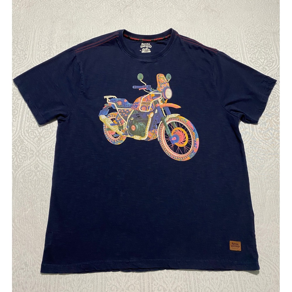 Royal Enfield Motorcycle Men's 2XL T-Shirt Navy Blue Himalayan Graphic Tee Patch